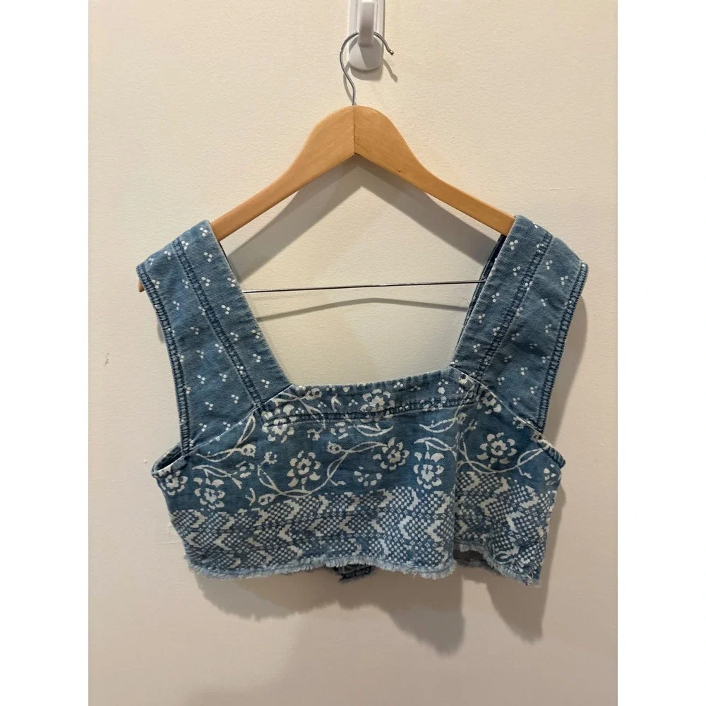 Free People Blue Floral Print Denim Crop Top Button Front Square Neck Medium
